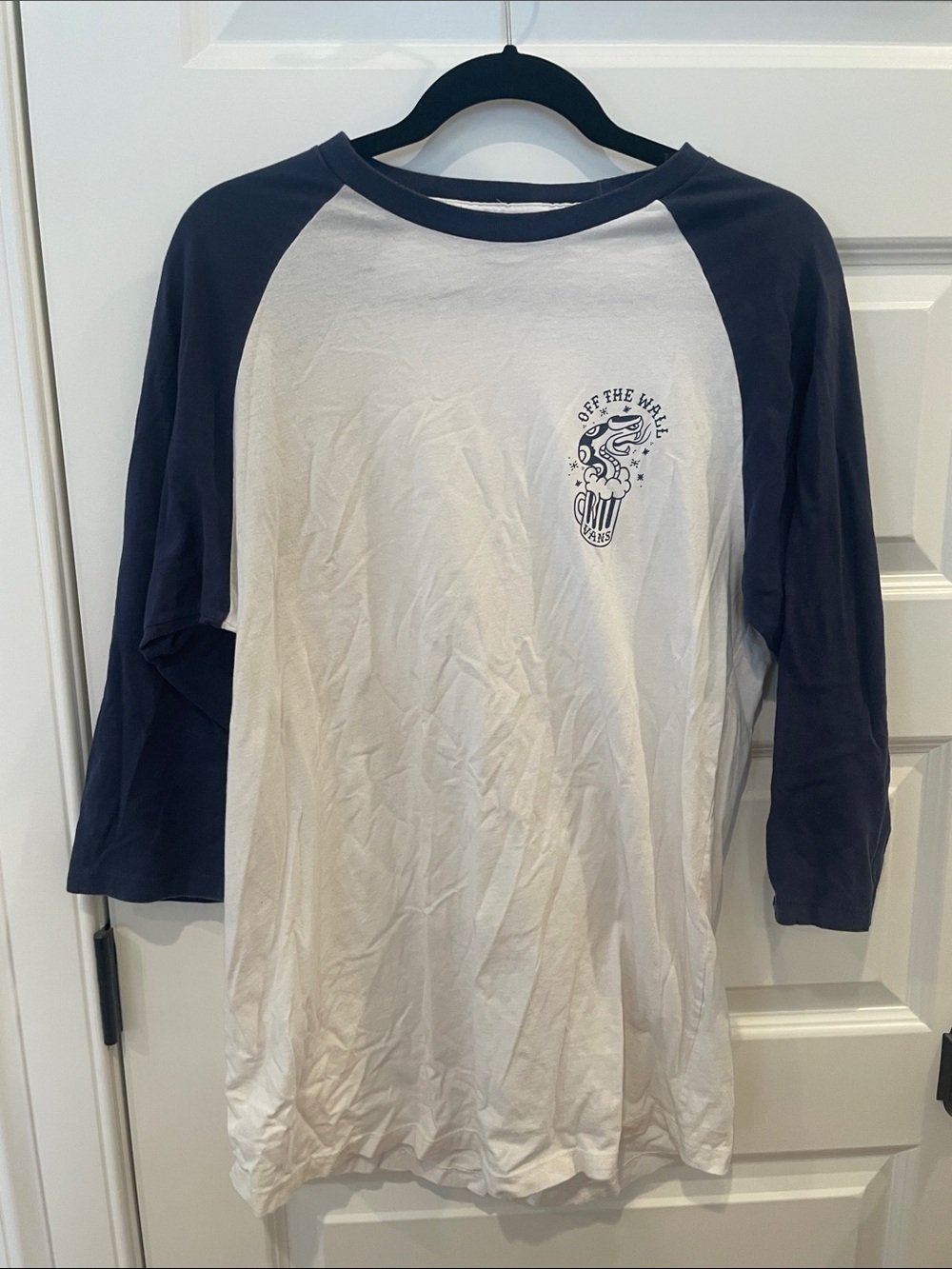 Vans White Baseball Tee with Navy Raglan Sleeves size large